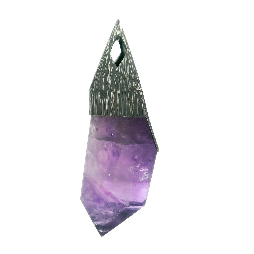 Polished Amethyst Point Pendant Bezel Set in Oxidized 925 Sterling Silver Pointed Bail with Diamond Cut-Out - Crystal Home | Gemstone Jewelry > Pendants | Wiccan Center