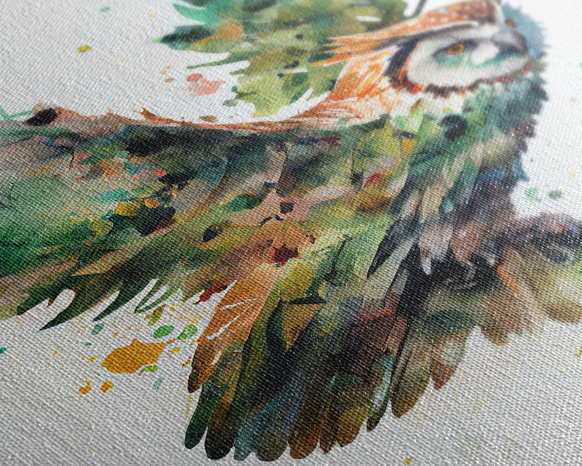 Owl made of leaves, watercolor of an owl flying, framed canvas print, farmhouse wall decor, Fall Decor, Fall Wall Art