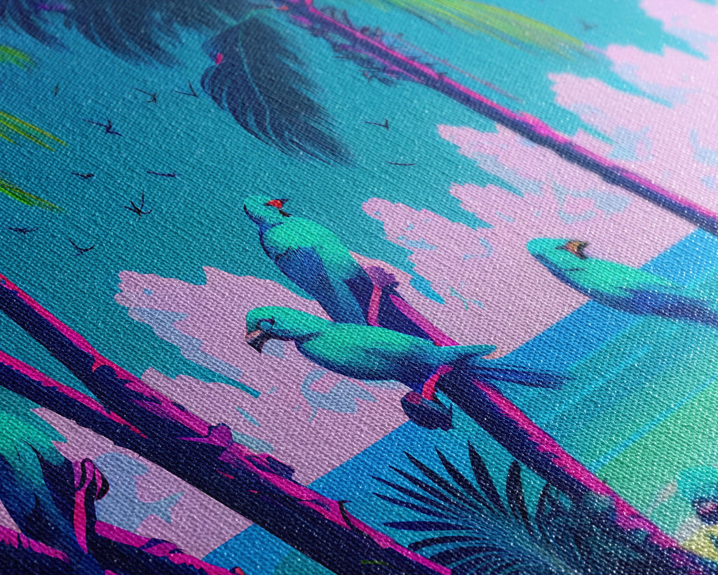 Tropical birds of paradise, synthwave, vaporwave wall art, framed canvas print | | Wiccan Center