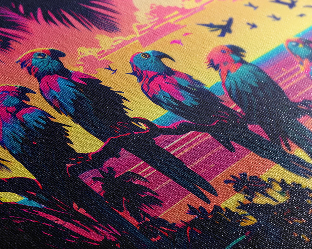 Tropical birds of paradise, synthwave, vaporwave wall art, framed canvas print | | Wiccan Center