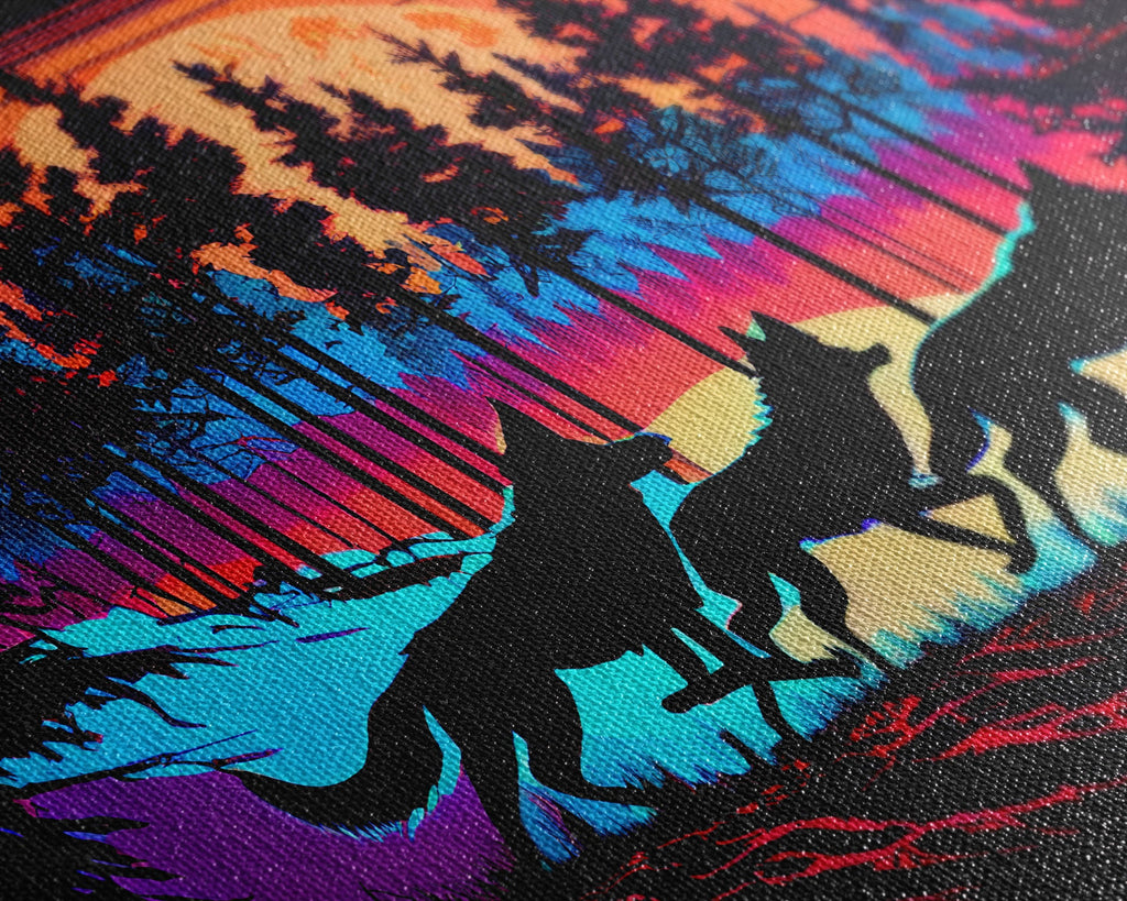 Wolves on the hunt at sunset, synthwave animal art, framed canvas print, vaporwave aesthetic animal art | | Wiccan Center