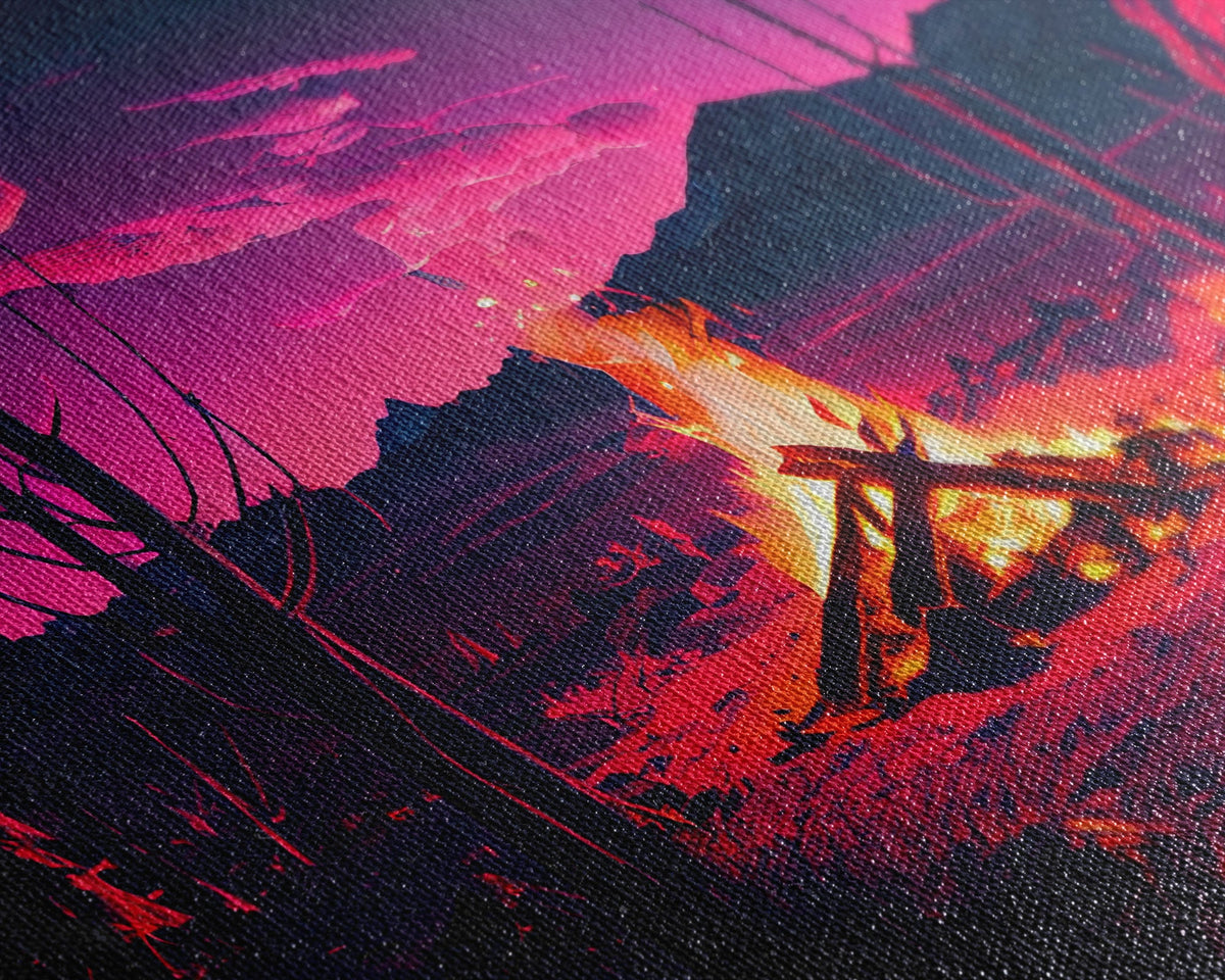 Primitive Art, Campfire Painting Print, Framed Canvas Print, Synthwave Farmhouse Decor | | Wiccan Center