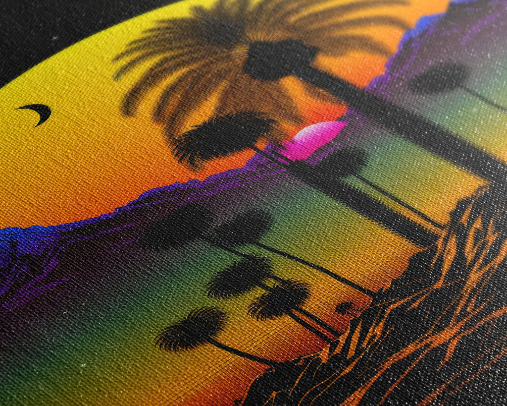 Pop Art Framed Canvas Print of Desert Landscape at Sunset, Outrun Style Sunset Full Moon Art, Unique 80s Vibe Retro Art | | Wiccan Center