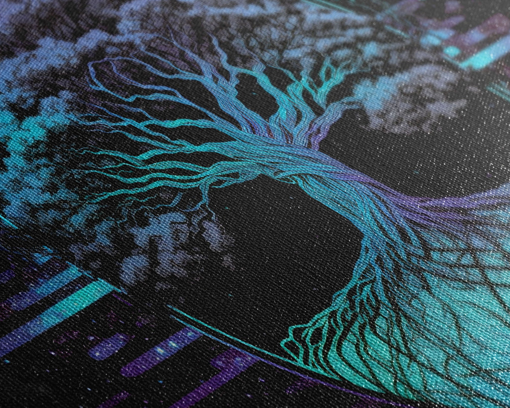 Norse Mythology Art, Synthwave Style Yggdrasil Tree of Life and the 9 Realms, Fantasy Art, Framed Canvas Print, Game Room Nordic Art | | Wiccan Center