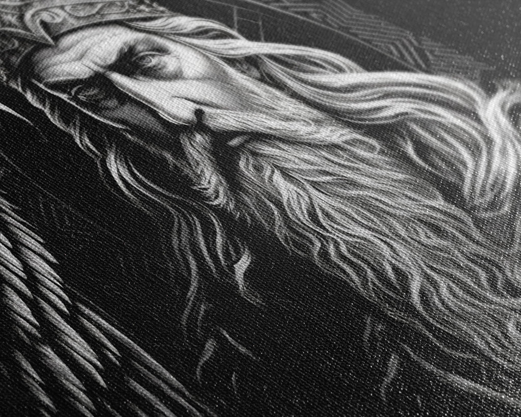 Black and White Portrait of Odin and Muninn, King of The Gods, Framed Canvas Print, Odin's Ravens, Norse Mythology Art | | Wiccan Center