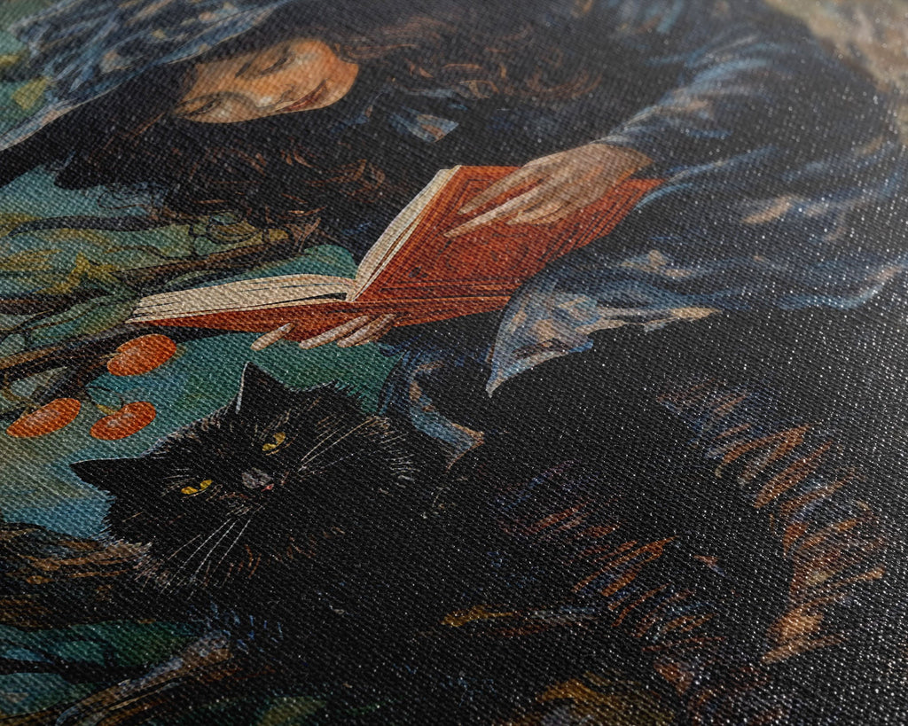 Cute Witch Reading Spells To Her Black Cat Familiar, Vintage Halloween Art, Framed Canvas Print, Halloween Canvas Art, Witchcraft | | Wiccan Center