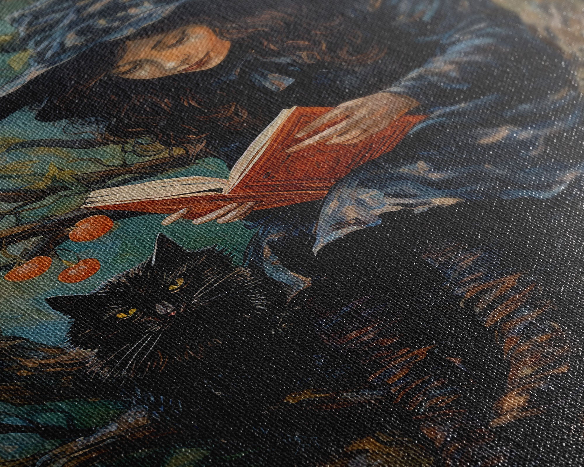 Cute Witch Reading Spells To Her Black Cat Familiar, Vintage Halloween Art, Framed Canvas Print, Halloween Canvas Art, Witchcraft | | Wiccan Center