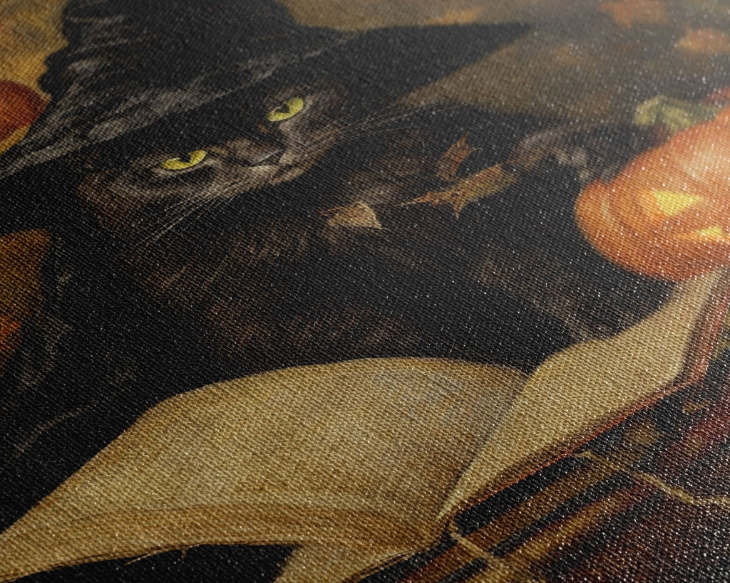 Cute Witch Cat Reading Her Book Of Spells, Vintage Halloween Art, Framed Canvas Print, Halloween Canvas Art, Witchcraft | | Wiccan Center