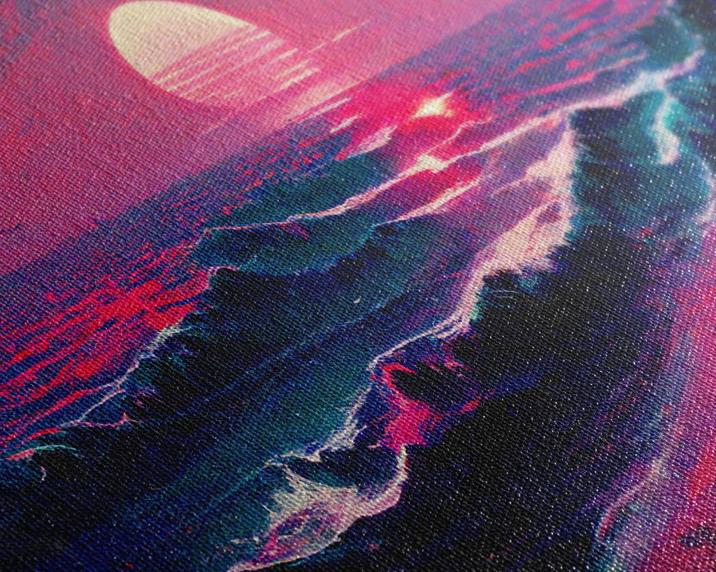 Outrun Style Synthwave Sunset Ocean Waves, 3 Piece Wall Art, Ready To Hang Canvas Print, Cool Unique Lakehouse Wall Art Decor | | Wiccan Center