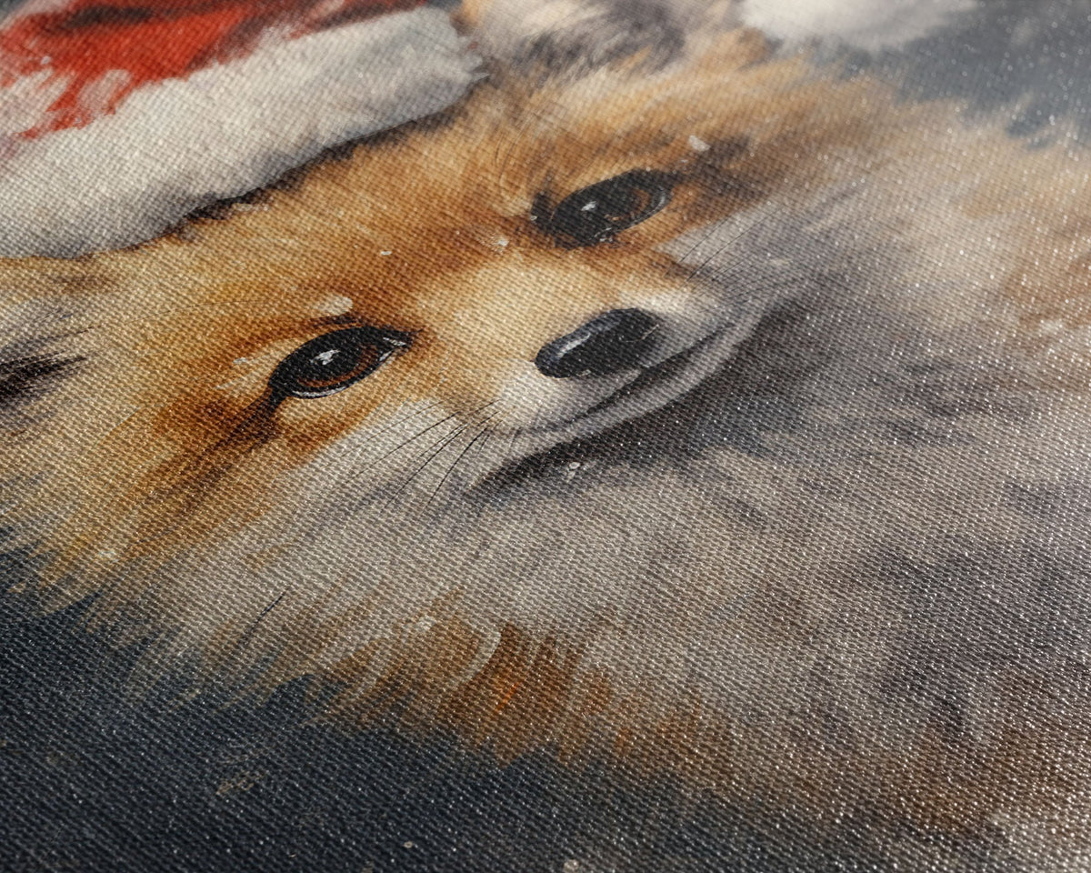 Cute Christmas Fox In A Santa Hat, Christmas Art, Christmas Decor, Christmas Wall Art, Farmhouse Christmas, Vintage Christmas, Fox Art
