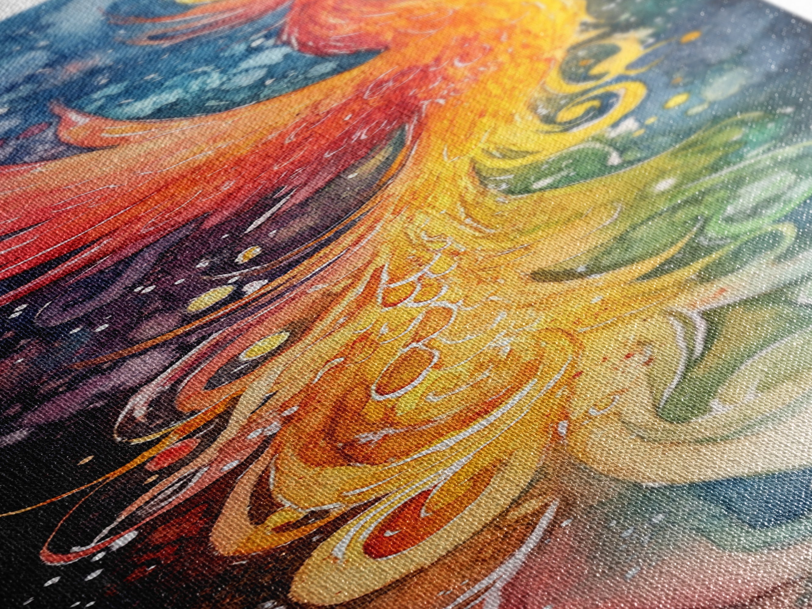 Rainbow-Toned Phoenix Painting with Swirling Colors of Renewal – Beautiful Framed Canvas Print for Spiritual or Inspirational Home Decor