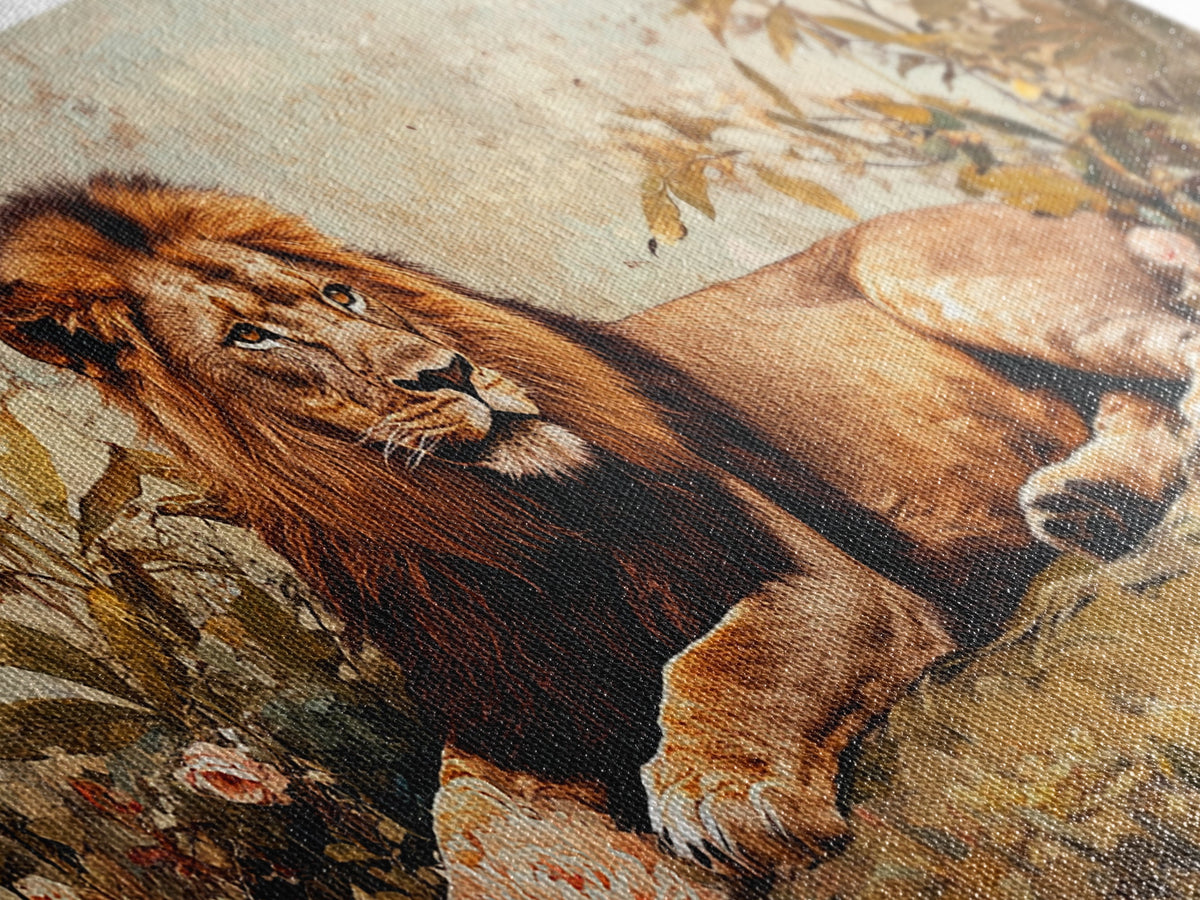 Regal Lion in Wildflowers Framed Canvas Print, Safari Wildlife Painting, African Rustic Wall Art, Boho Nature Decor, Animal Kingdom Art