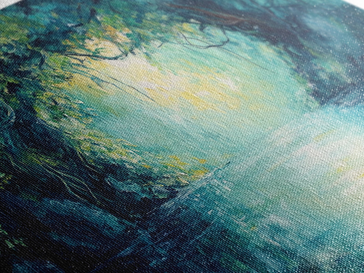 Mystical River, Framed Canvas Print, landscape painting, moody art, forest at dusk painting, teal wall art, extra wide art | | Wiccan Center