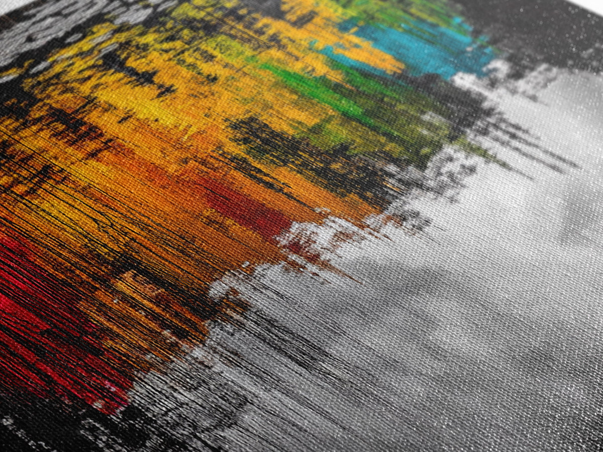 Colorful Reflection, Abstract Water Art, Nature Painting, Autumn Trees, Vibrant Colors, Black and White Contrast, Canvas Print | | Wiccan Center