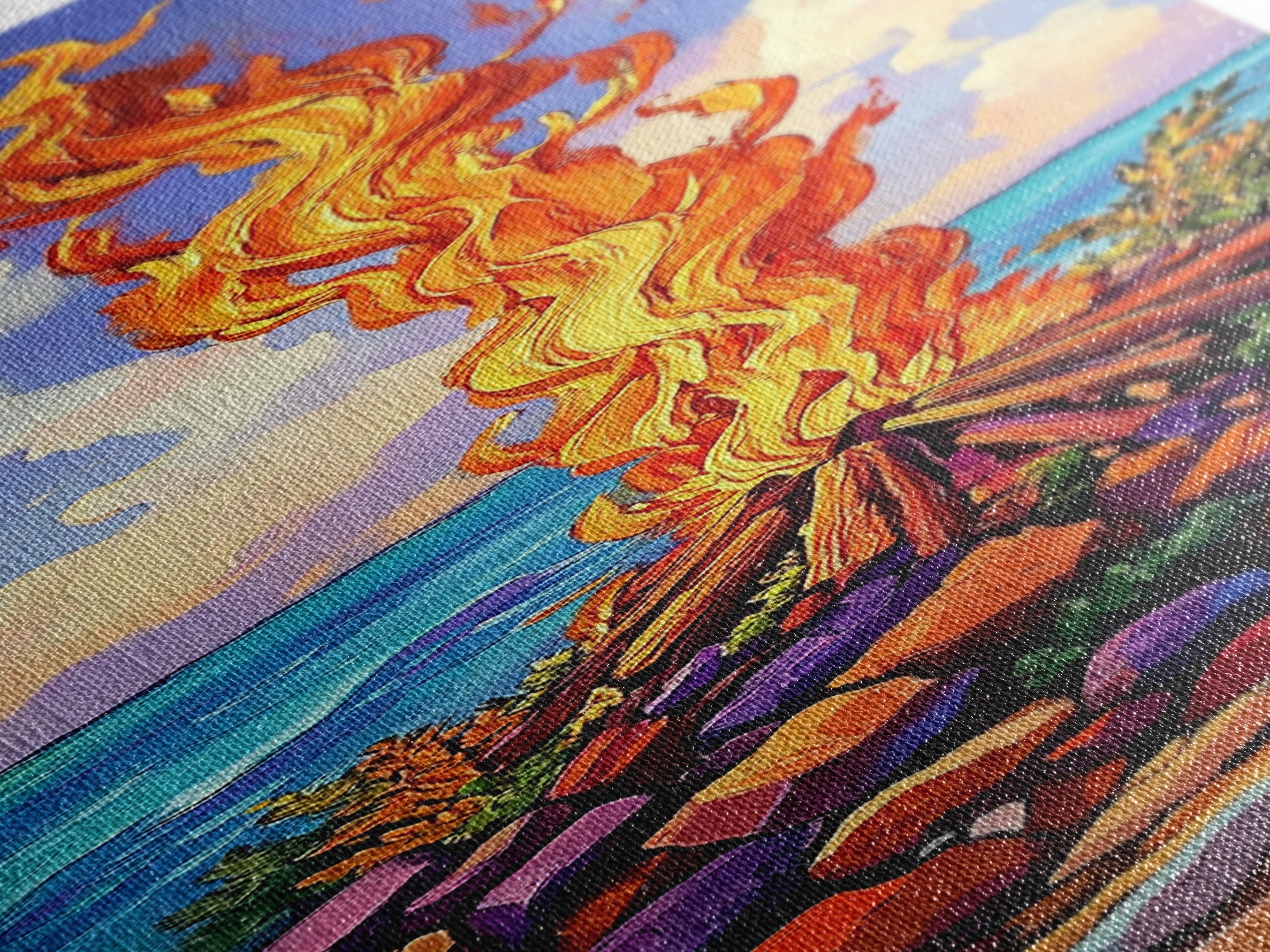 Campfire Ocean, Stones Sky – Coastal Bonfire Landscape, Colorful Nature Wall Art, Framed Canvas Print, Beach House or Cabin Decor | | Wiccan Center