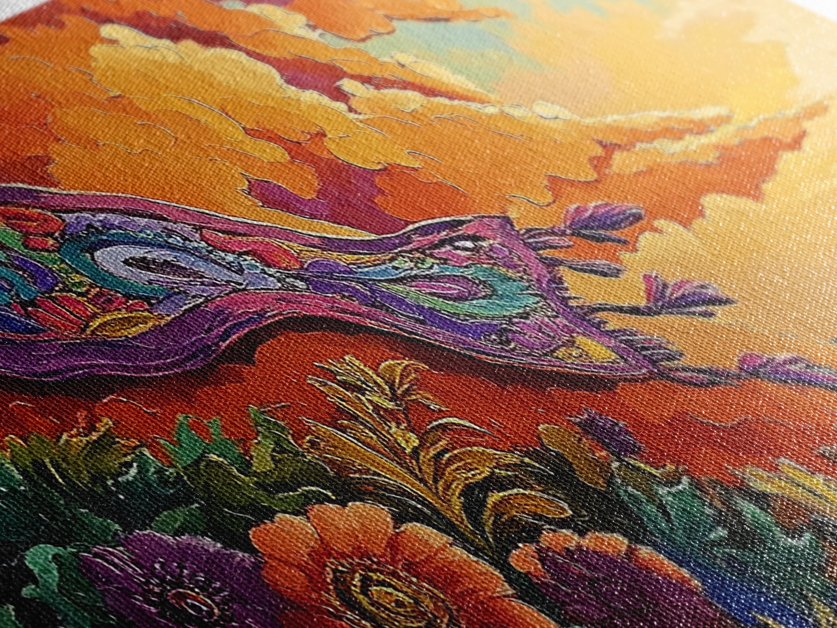 Sunset Coast, Rug, Framed Canvas Print, Sunset Beach Art, Magic Carpet Illustration, Vibrant Coastal Decor, Dreamy Bedroom Art
