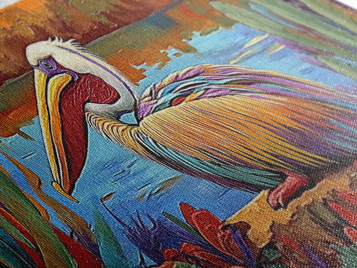 Colorful Pelican, Tropical Bird, Lake Wildlife, Autumn Palette, Framed Canvas Print, Boho Nature Wall Art, Dining Room Bird Artwork