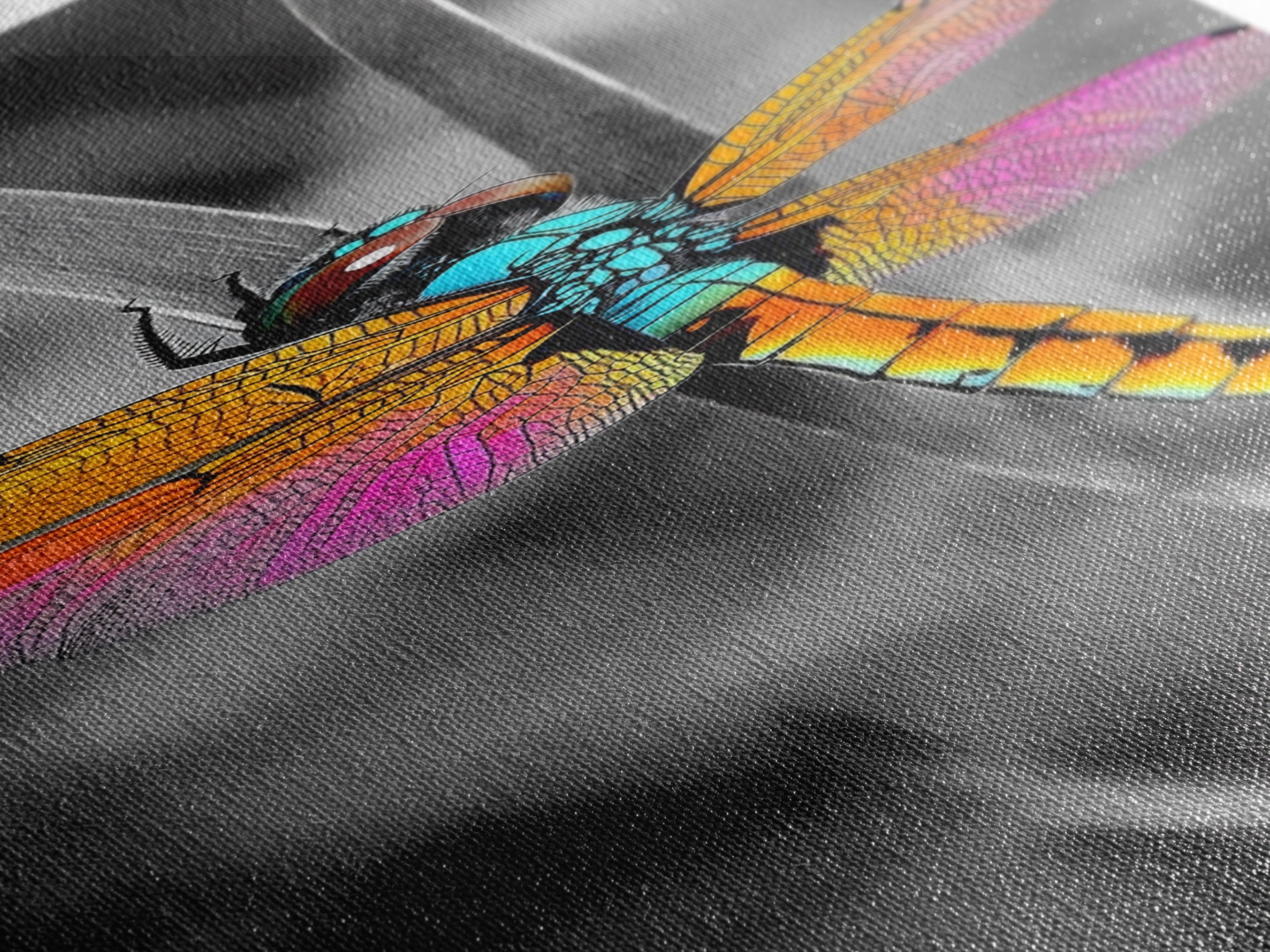 Vibrant Dragonfly, Garden Magic, Wing Detail, Nature Art – Framed Canvas Print, Living Room Wall Art, Botanical Decor, Color Pop Artwork