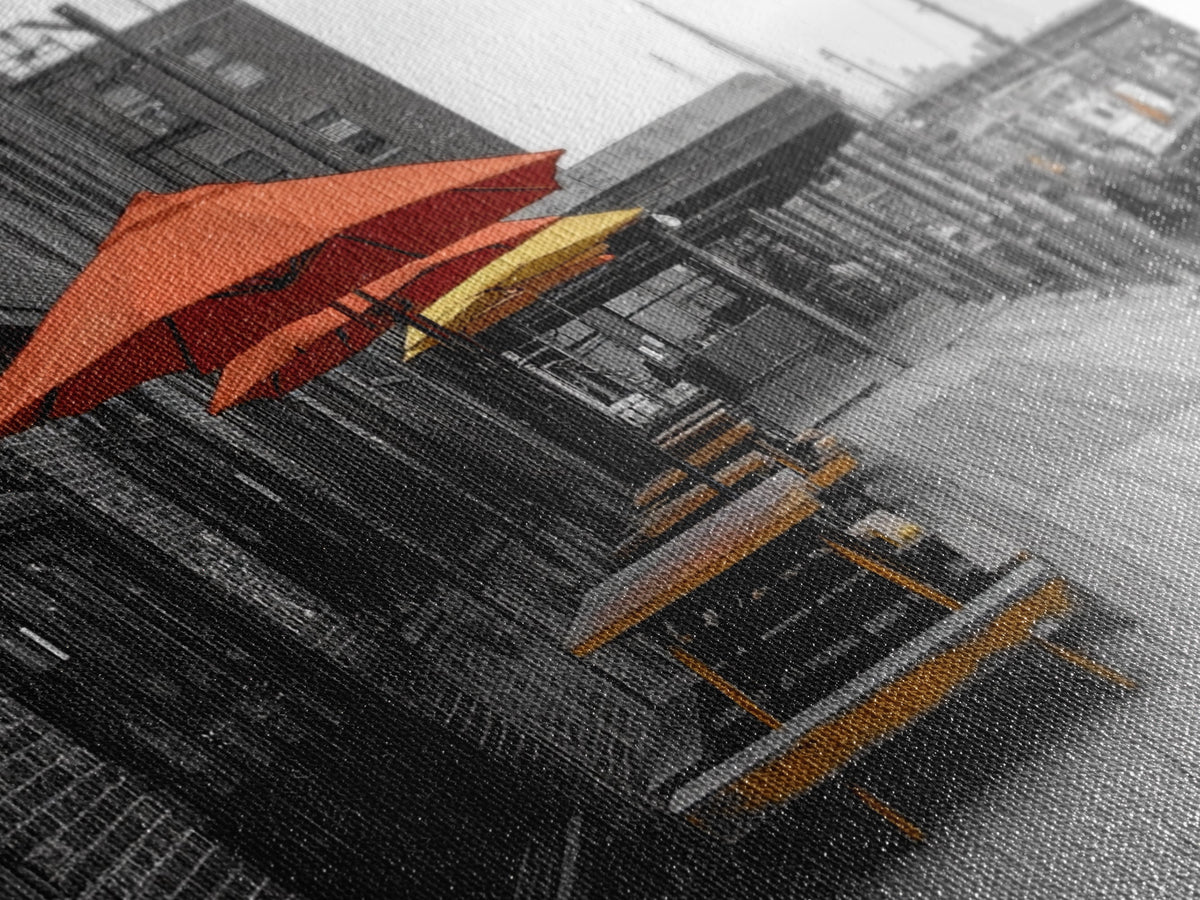 Urban Pier, Red Yellow Umbrellas, Waterfront Dining, Framed Canvas Print, Industrial Decor, Cafe Kitchen Wall Art, Cityscape Photography | | Wiccan Center