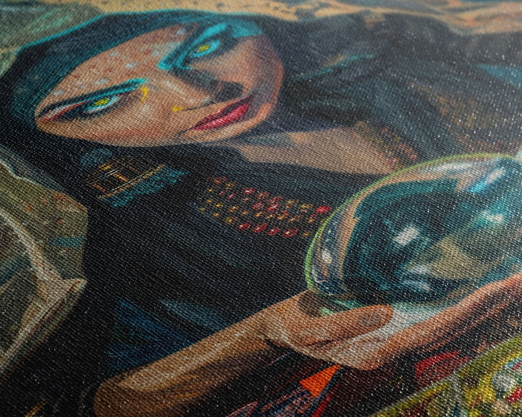 Enchanting Fortune Teller with Crystal Ball Under Moonlight - Mystical Witchcraft Framed Canvas Print, Halloween Gothic Home Decor | | Wiccan Center