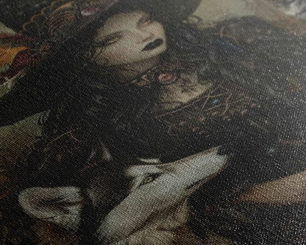 Witch with Wolves in Enchanted Forest - Dark Sorcery Mystical Art Framed Canvas Print, Halloween Gothic Decor | | Wiccan Center