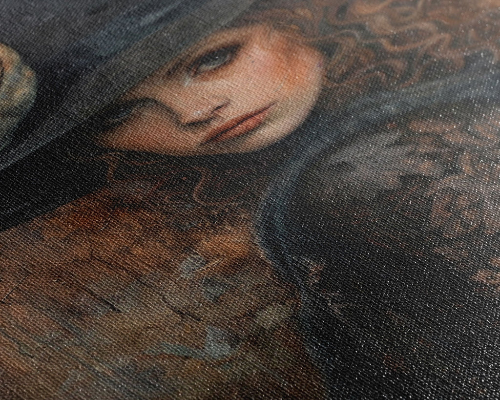 Witch with Crow in Spooky Forest - Halloween Art, Gothic Art, Spooky Decor, Dark Magic Art, Mysterious Portrait, Framed Canvas Print | | Wiccan Center