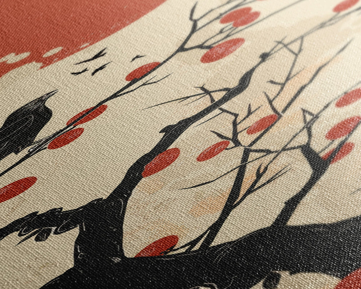 Blackbird Perched On A Branch Under The Red Sun In Japanese Style Ukiyo-e Art Framed Canvas Print Skinny Art Tall Art