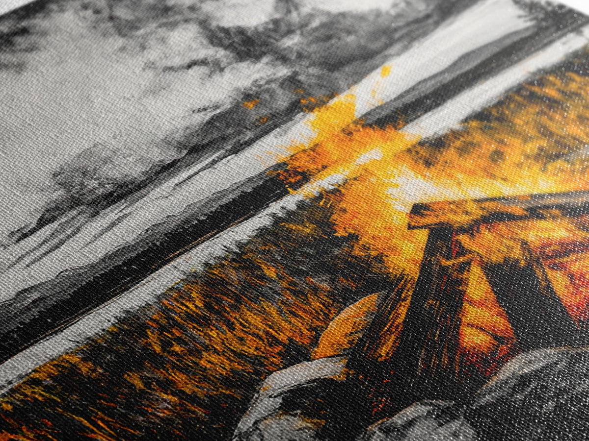 Campfire Painting, Moody Art, Rustic Wall Decor, Fire Pit Artwork, Black White Orange Art, Framed Canvas Print, Cabin Wall Art | | Wiccan Center