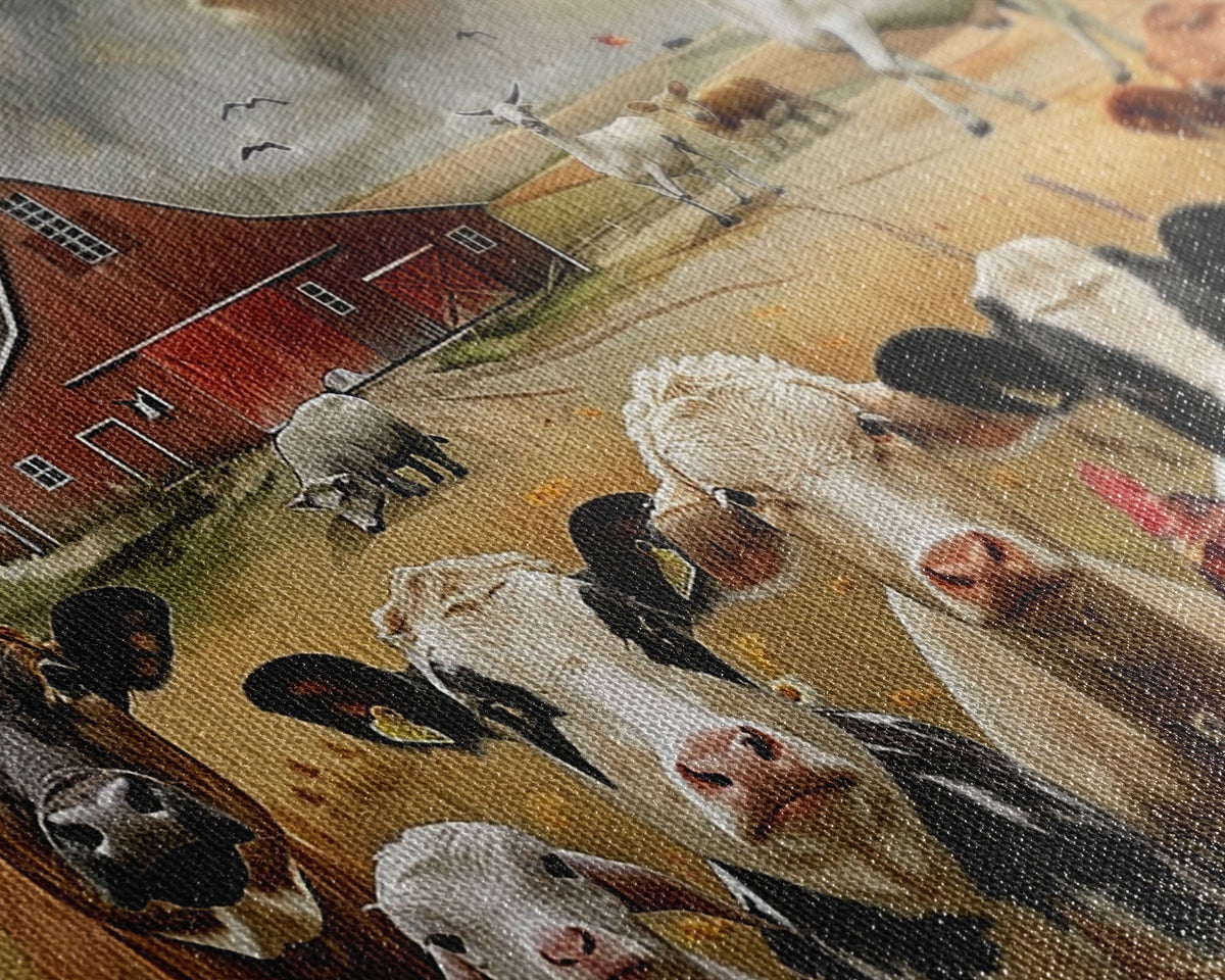 Kitsch Farmhouse Wall Art, Cute Farm Animals On A Fence, Cow Art, Pig Print, Red Barn Wall Art, Wood Framed Art