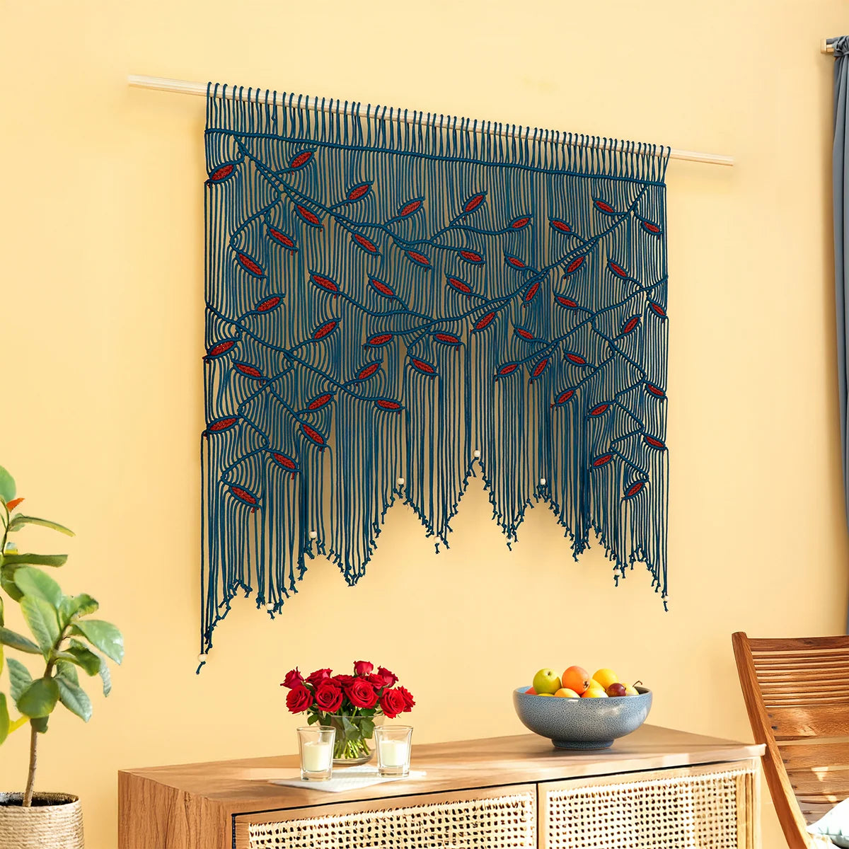 Aura Peacock Terracotta Macrame Window Curtain | Macrame Window Curtains | Wiccan Center