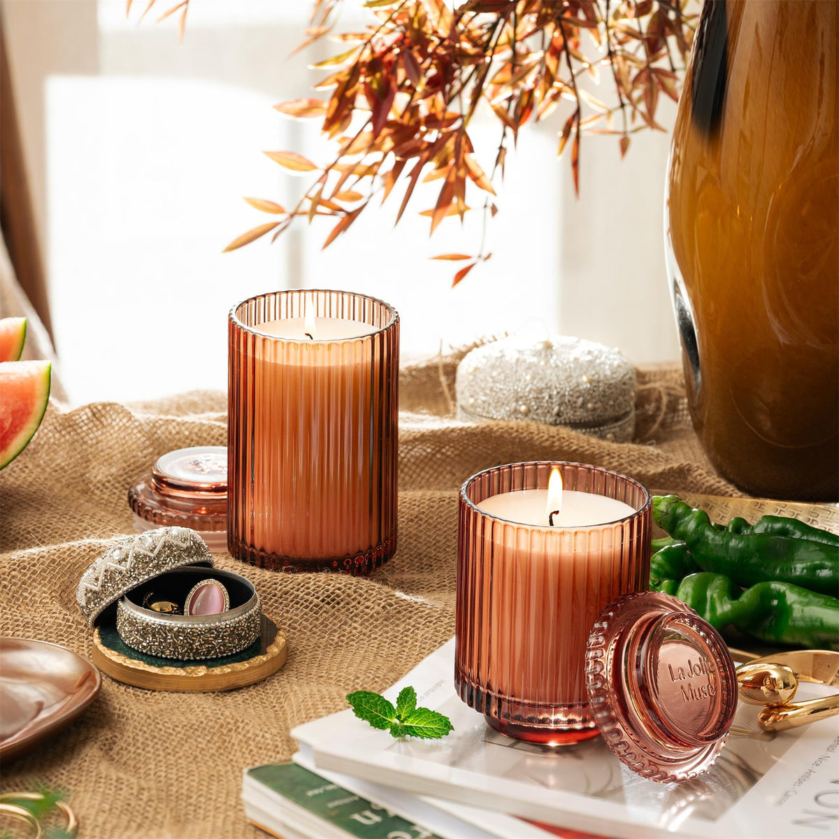 Aurélie Reeded Glass Candle: Watermelon Mint Zest (L & M)