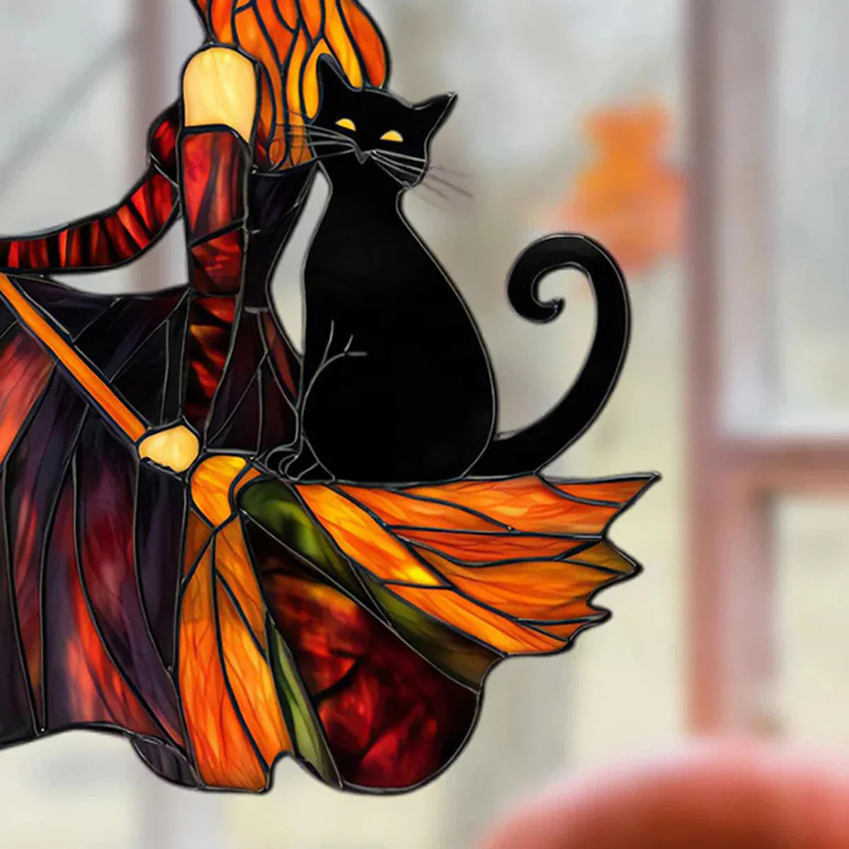 Autumn Witch Black Cat Sun Catcher | home decor | Wiccan Center