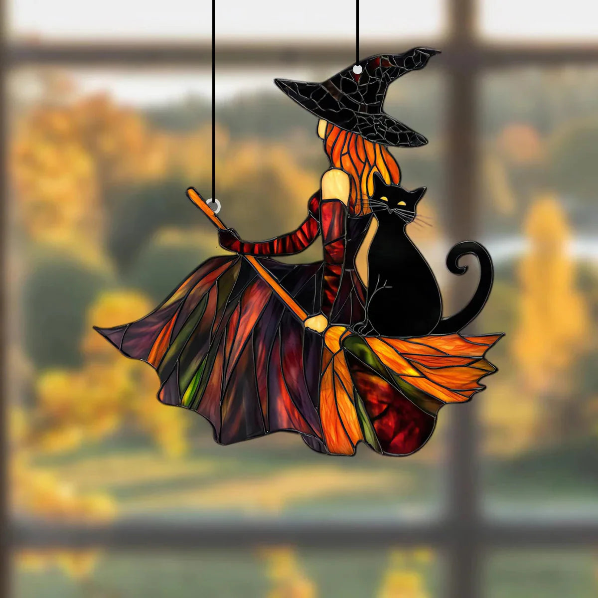 Autumn Witch Black Cat Sun Catcher | home decor | Wiccan Center