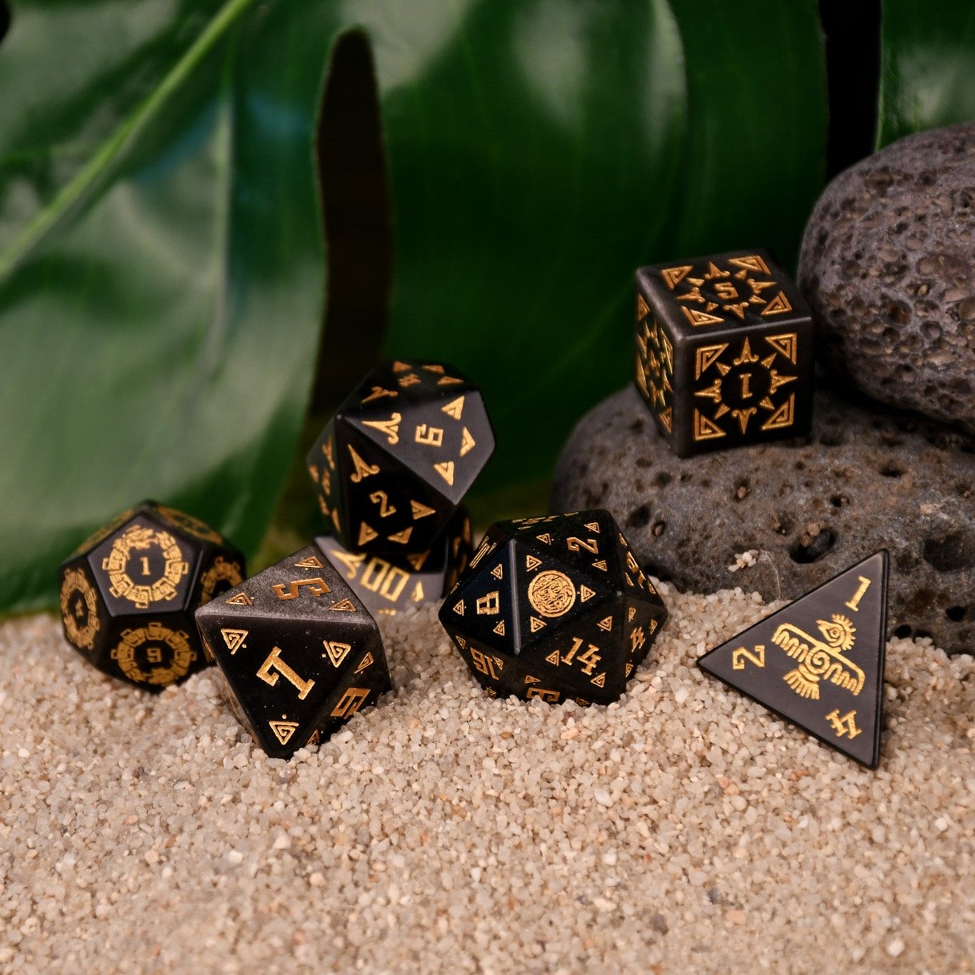 Aztec Silver Sheen Obsidian Stone Dice Set - Dice Around the World Collection | Dice | Wiccan Center