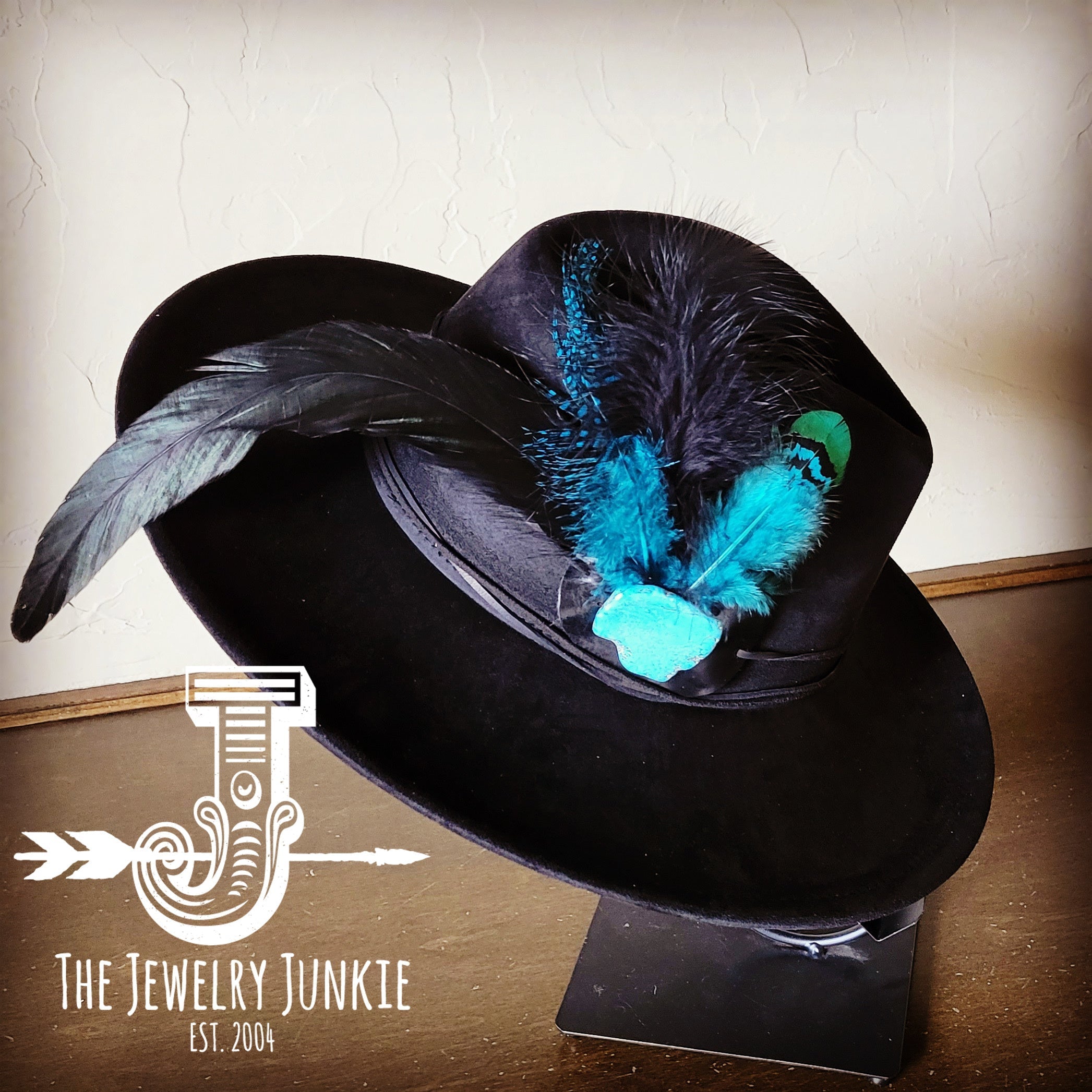 Marabou Blue Spotted Feather & Turquoise Slab Hat Band + Choice of Hat 986a | Hat | Wiccan Center