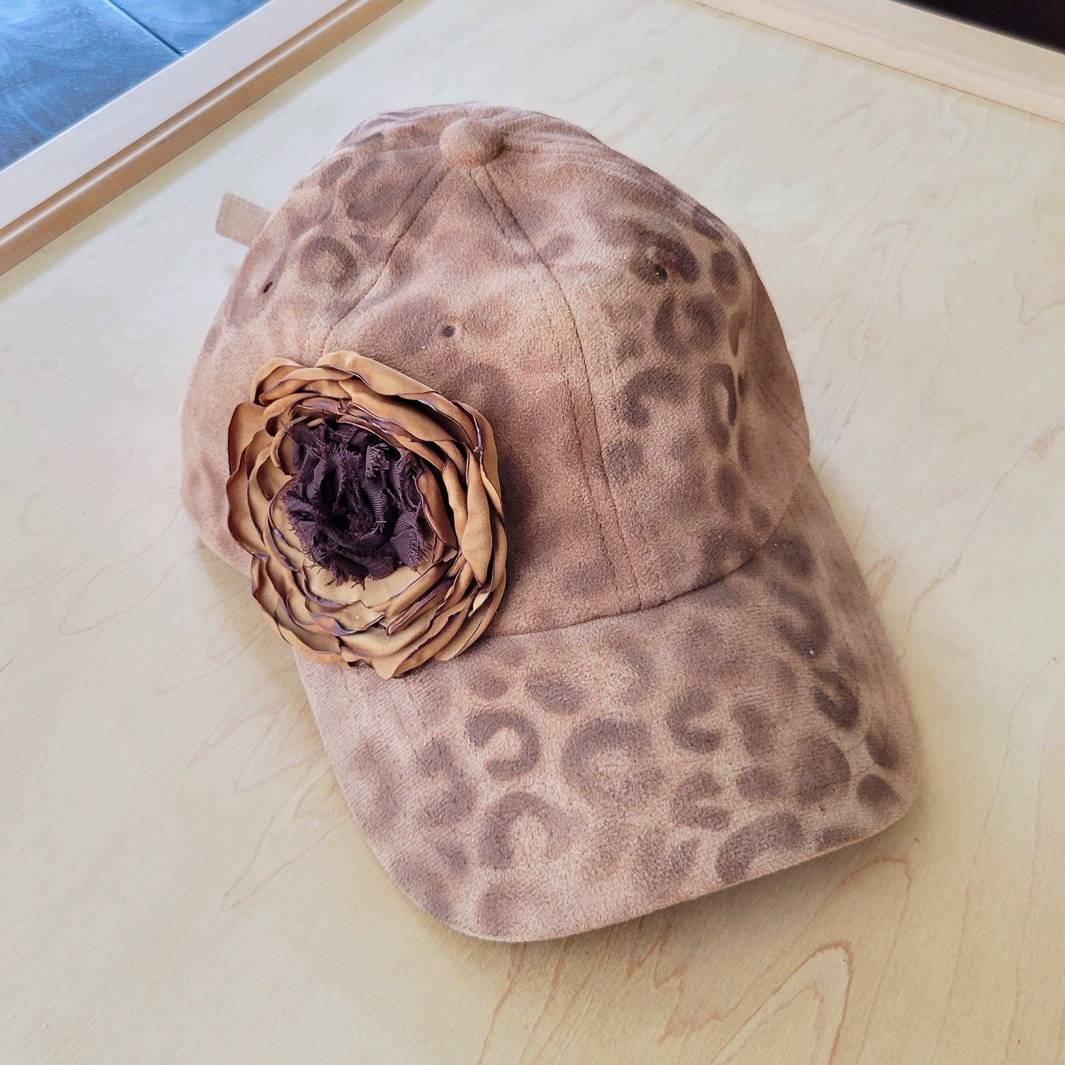 Hand-Painted Leopard Suede Baseball Cap w/ Flowers Tan 986L | Hat | Wiccan Center