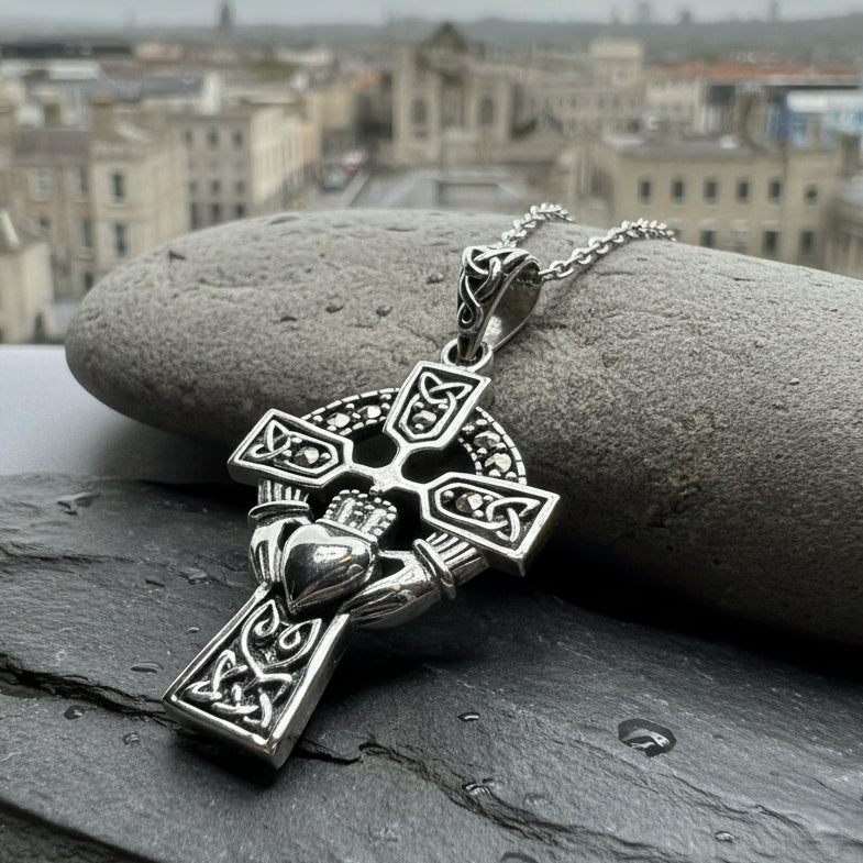 Marcasite Irish Claddagh Cross Necklace in Sterling Silver