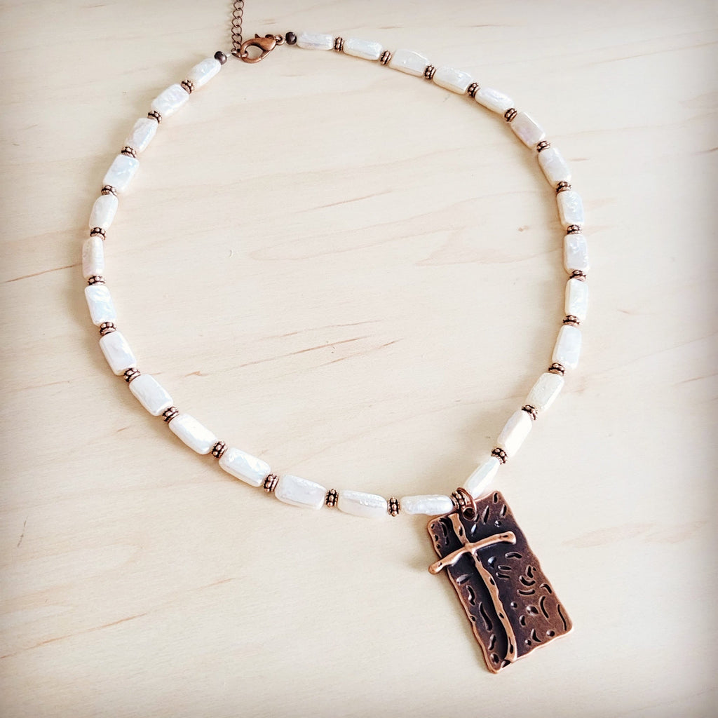 Rectangle Freshwater Pearl & Copper Necklace w/ Antique Cross Pendant 264a | Necklace | Wiccan Center