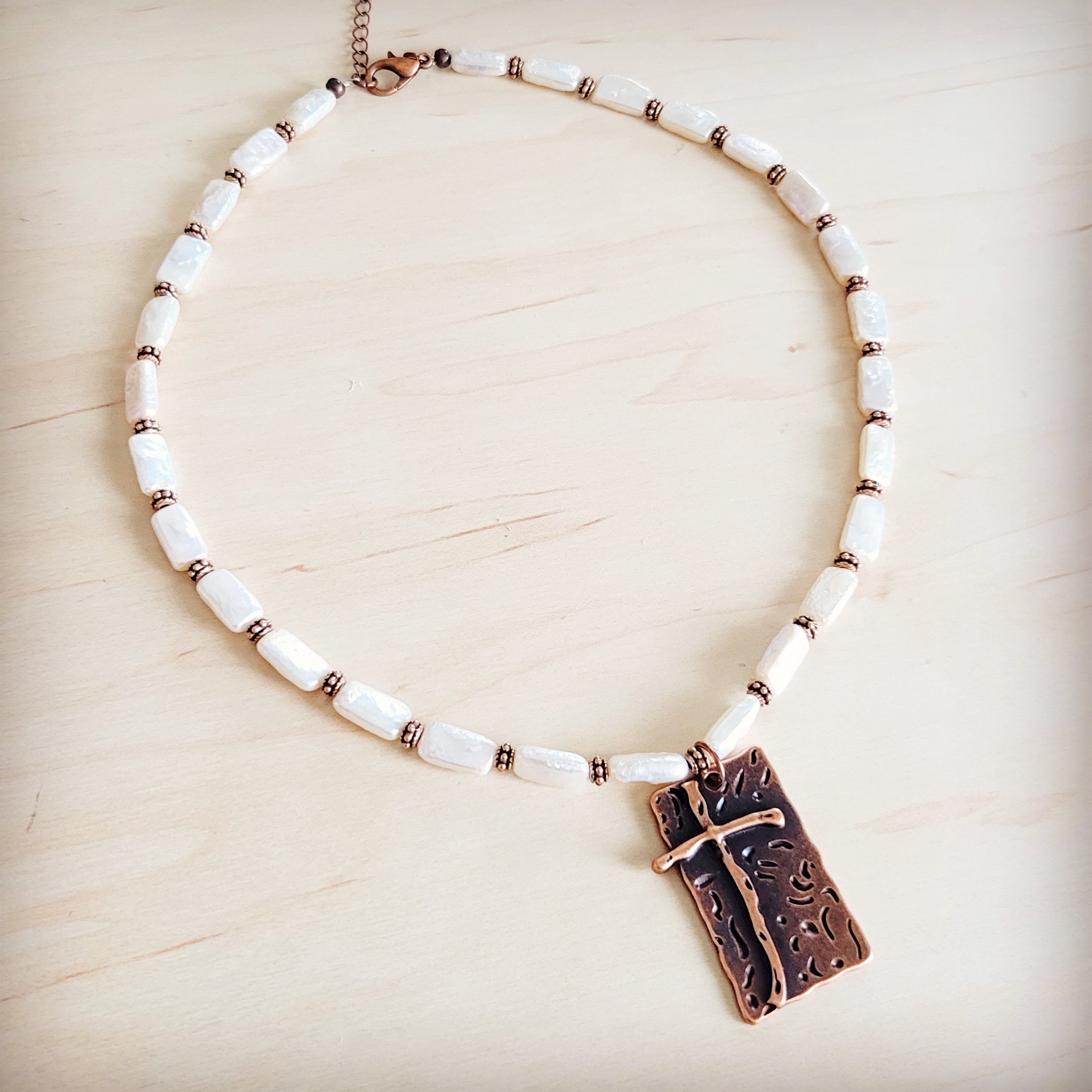 Rectangle Freshwater Pearl & Copper Necklace w/ Antique Cross Pendant 264a | Necklace | Wiccan Center