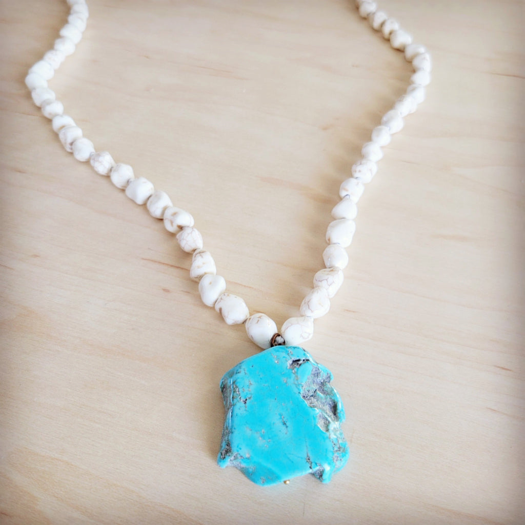 Long White Turquoise Beaded Necklace w/ Turquoise Pendant 263d | Necklace | Wiccan Center