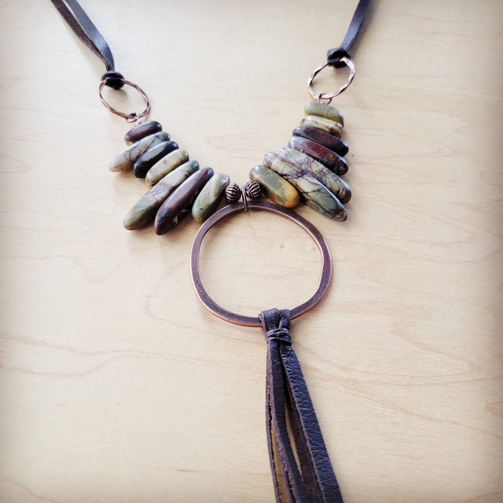 Picasso Jasper Necklace w/ Copper Hoop & Leather Tassel 261e | Necklace | Wiccan Center