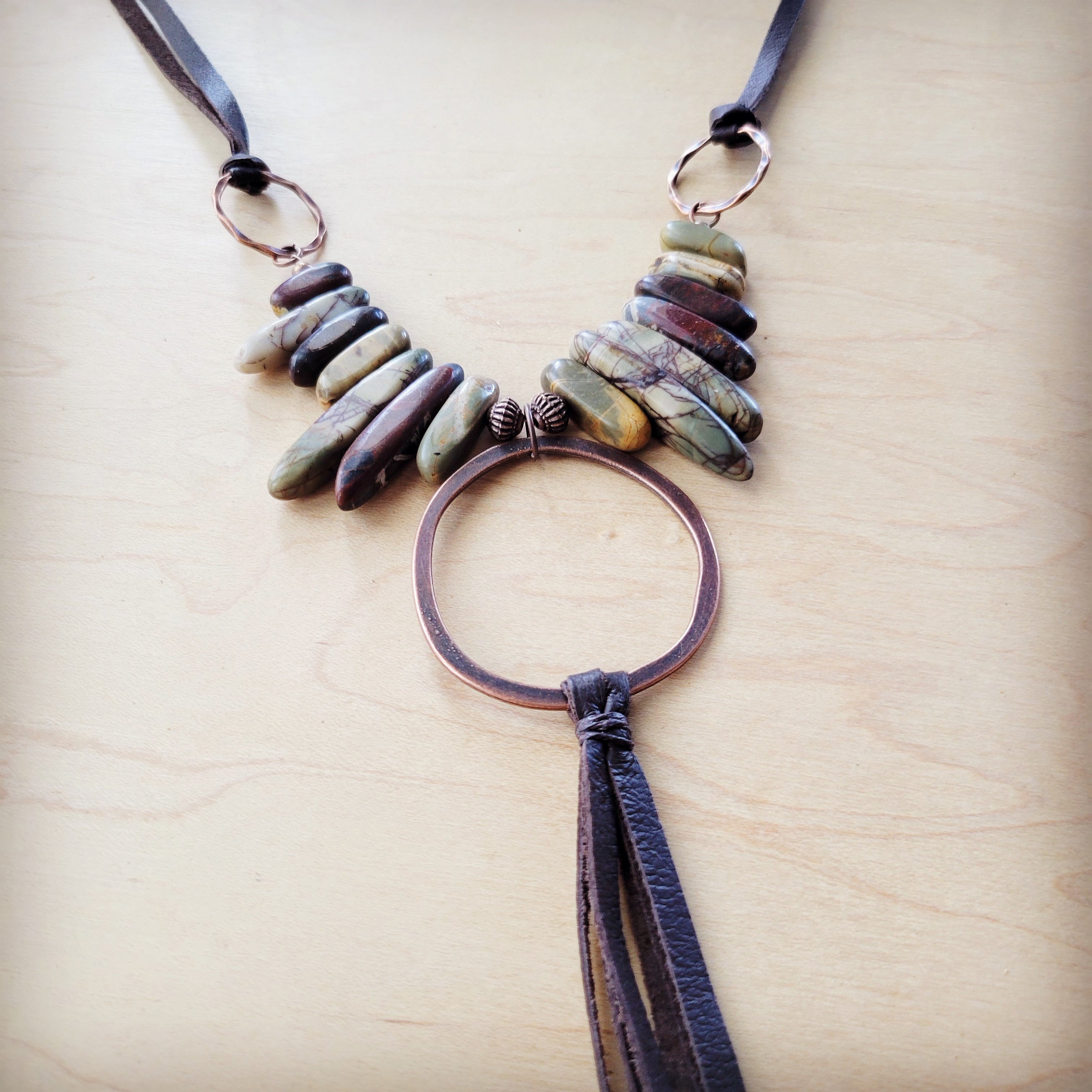 Picasso Jasper Necklace w/ Copper Hoop & Leather Tassel 261e | Necklace | Wiccan Center