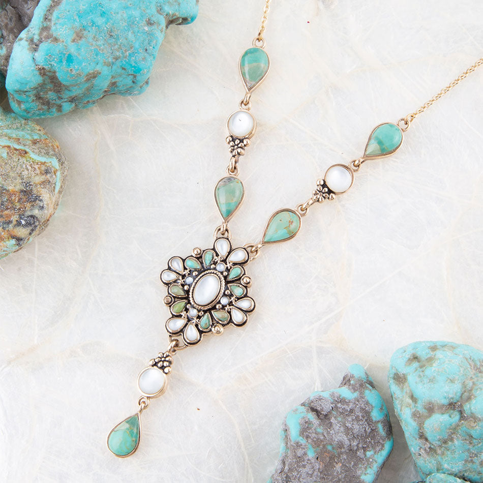 White Mother of Pearl and Blue Turquoise Golden Barcelona Y-Necklace | Necklaces | Wiccan Center