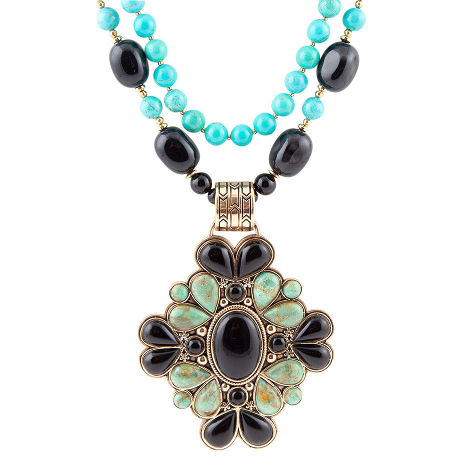 Barcelona Blue Turquoise and Black Onyx Golden Statement Necklace | Necklaces | Wiccan Center