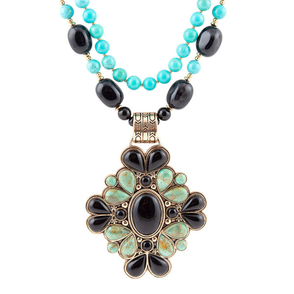 Barcelona Blue Turquoise and Black Onyx Golden Statement Necklace | Necklaces | Wiccan Center