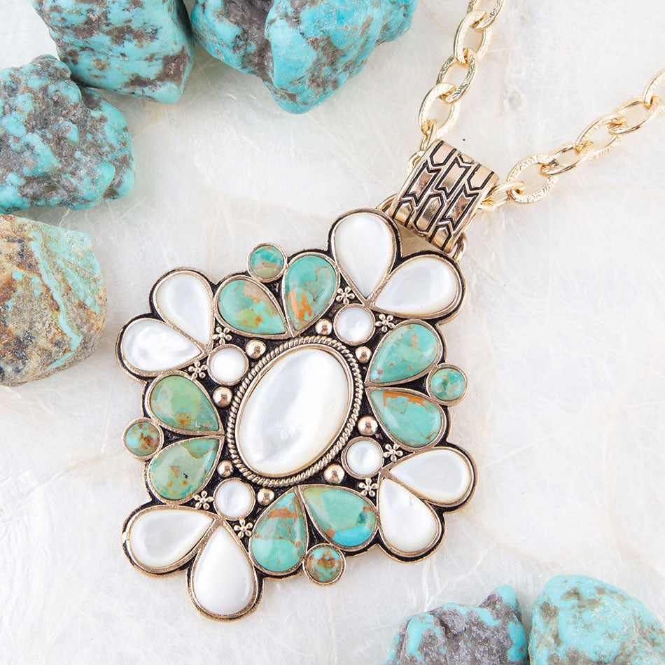 Barcelona Blue Turquoise and Mother of Pearl Golden Statement Necklace | Necklaces | Wiccan Center