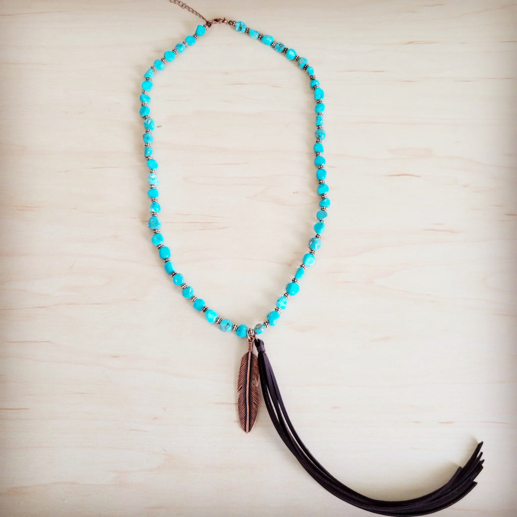 Turquoise & Copper Necklace w/ Feather Tassel Pendant 264c | Necklace | Wiccan Center