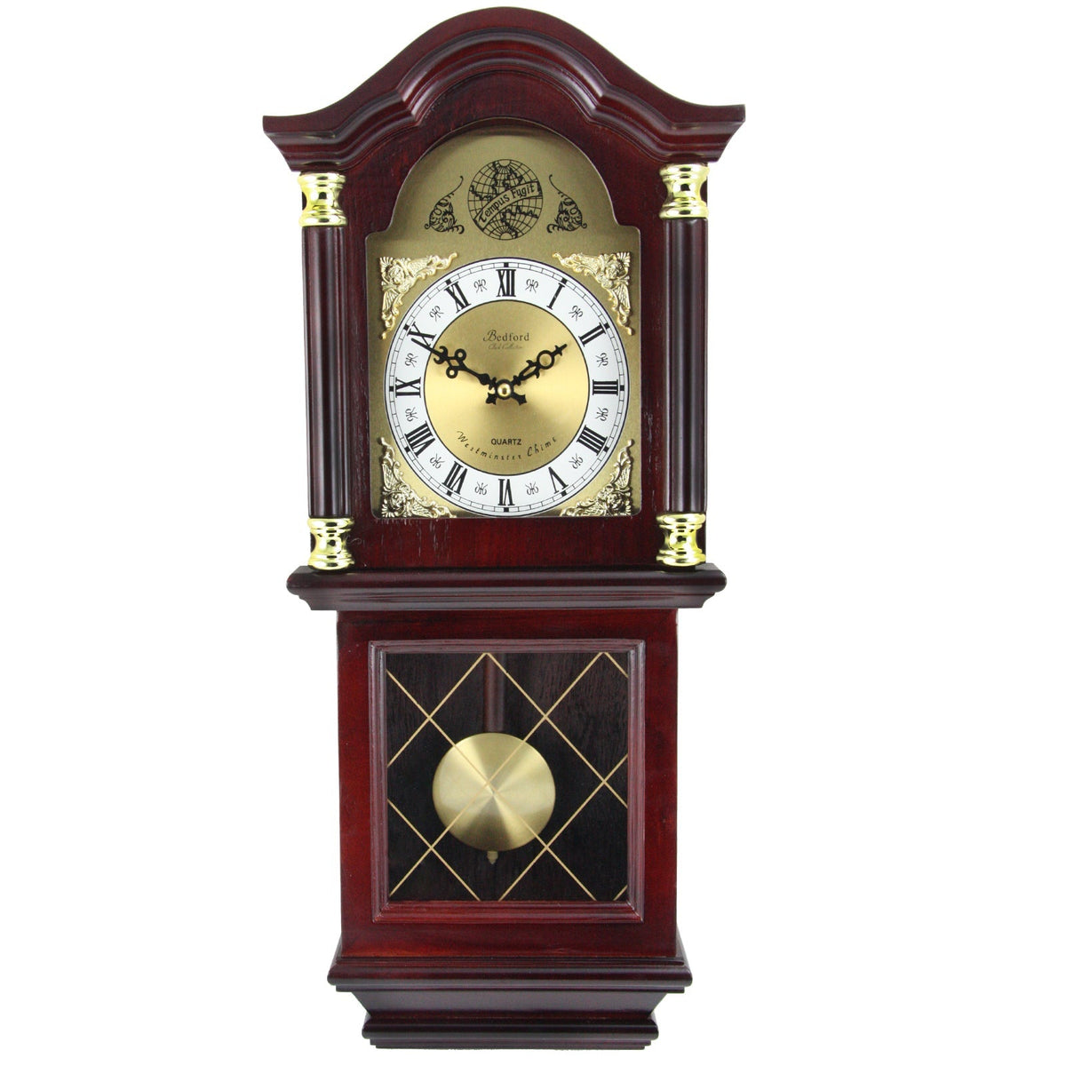 Bedford Clock Collection 26 Inch Chiming Pendulum Wall Clock in Antique Mahogany Cherry Oak Finish | Clocks | Wiccan Center