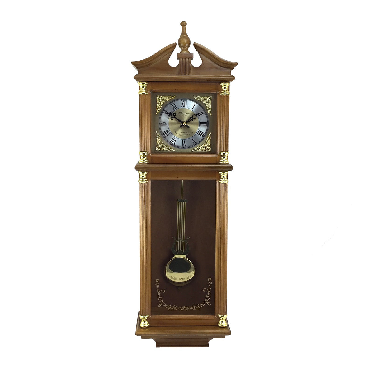 Bedford Clock Collection 34.5 Inch Chiming Pendulum Wall Clock in Antique Harvest Oak Finish | Clocks | Wiccan Center
