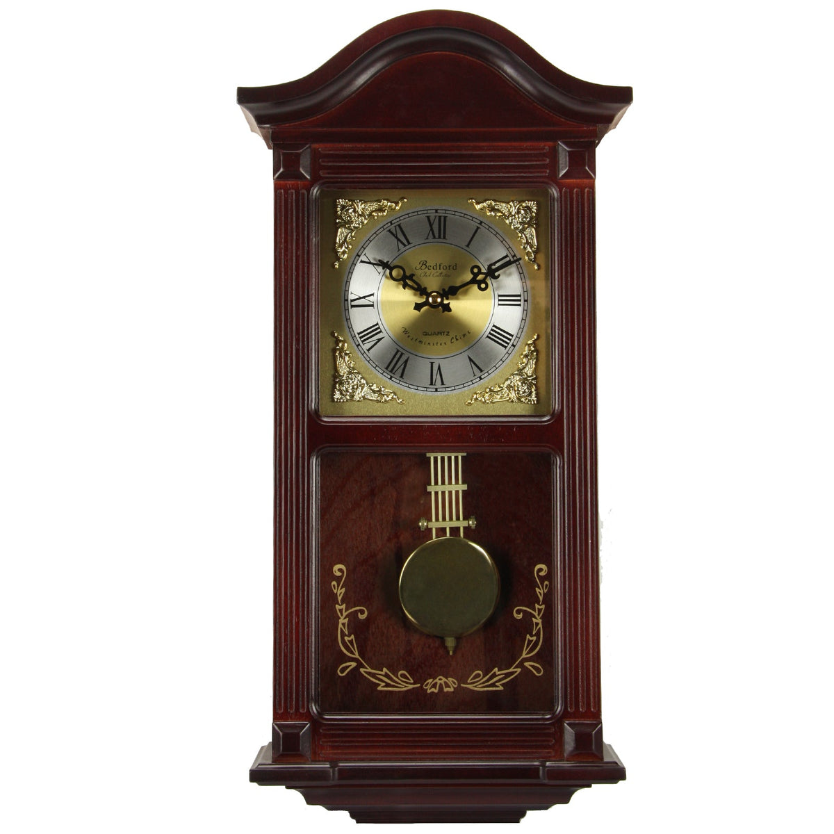 Bedford Clock Collection 22 Inch Wall Clock in Mahogany Cherry Oak Wood with Brass Pendulum and 4 Chimes | Clocks | Wiccan Center
